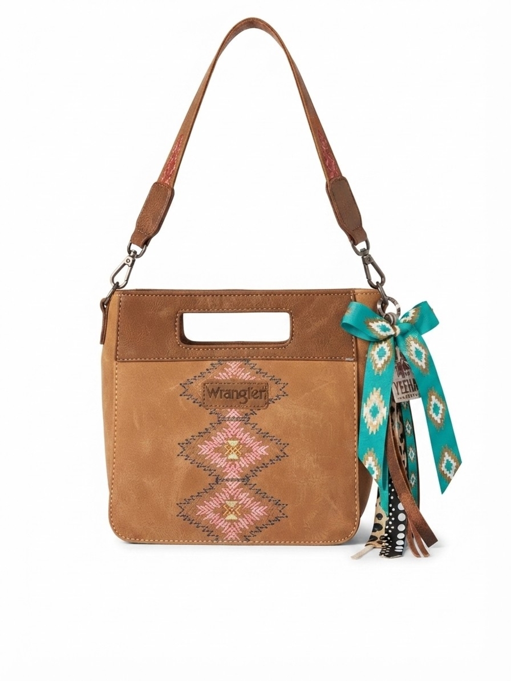 NWOT Wrangler Tan Shoulder Bag with Pink Embroidery and Turquoise Ribbon